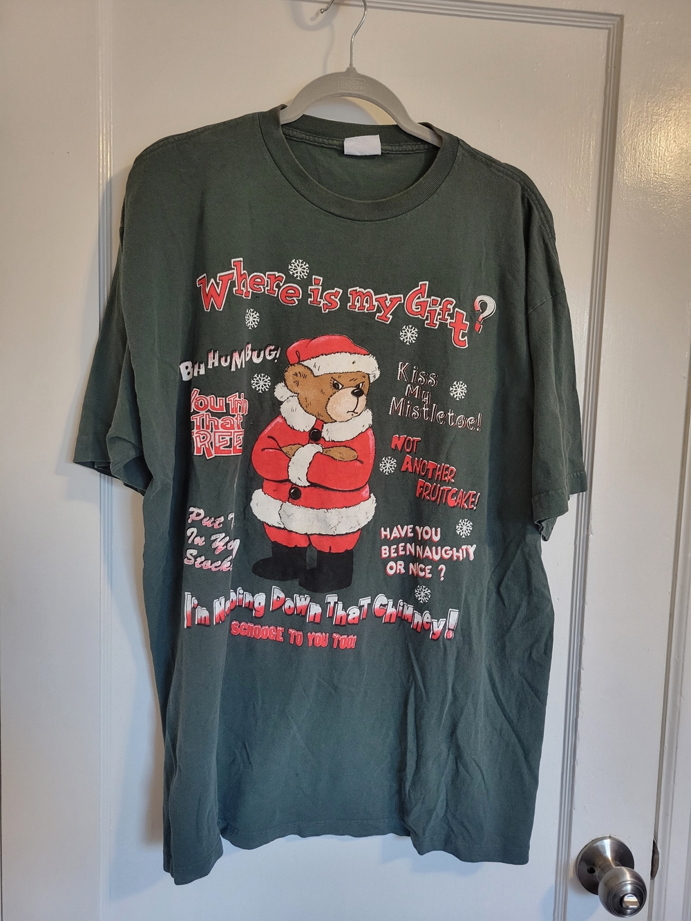 Vintage Basic Editions Mens Wheres My Gift Green Unisex Christmas Tee